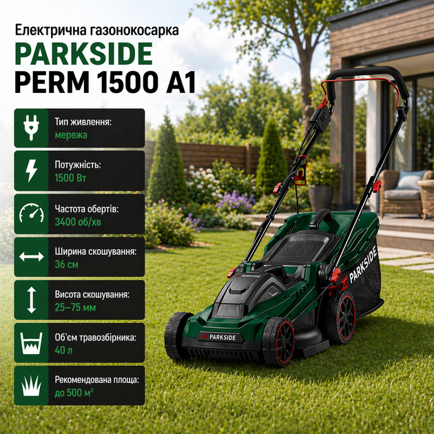 Электрическая газонокосилка PARKSIDE PERM 1500 A1 1500 Вт ширина 36 см - Фото 1 Электрическая газонокосилка PARKSIDE PERM 1500 A1 1500 Вт ширина 36 см - изображение 1