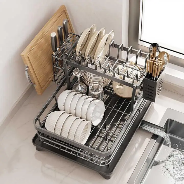 Двухуровневая сушилка для посуды RIAS Multifunctional Bowl Rack стальная с поддоном 42x30x17 см Black (3_08109) - Фото 4 Двухуровневая сушилка для посуды RIAS Multifunctional Bowl Rack стальная с поддоном 42x30x17 см Black (3_08109) - изображение 4