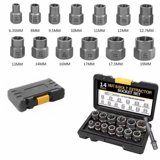 Набор для удаления поврежденных болтов и гаек RIAS Nut & Bolt Extractor 14 предметов (3_08094) - Фото 6 Набор для удаления поврежденных болтов и гаек RIAS Nut & Bolt Extractor 14 предметов (3_08094) - изображение 6