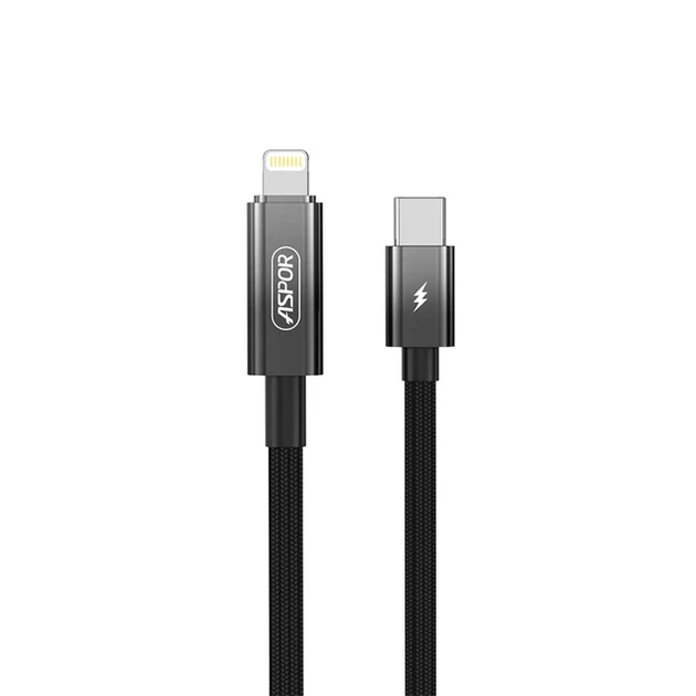 Кабель Aspor A088 Nylon Cable Wattage Display Type-C - Lightning 27W/1м- чорний - Фото 2 Кабель Aspor A088 Nylon Cable Wattage Display Type-C - Lightning 27W/1м- чорний - зображення 2
