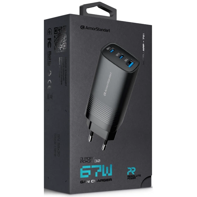 Зарядний пристрій Armorstandart 2xUSB-C + 1xUSB 67W GaN black (ARM88384) - зображення 2