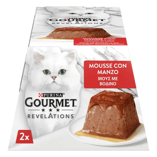 Вологий корм для котів Gourmet Revelations Мус з яловичиною та соусом повнорационный 2 шт х 57 г 12619499 - Фото 1 Вологий корм для котів Gourmet Revelations Мус з яловичиною та соусом повнорационный 2 шт х 57 г 12619499 - зображення 1