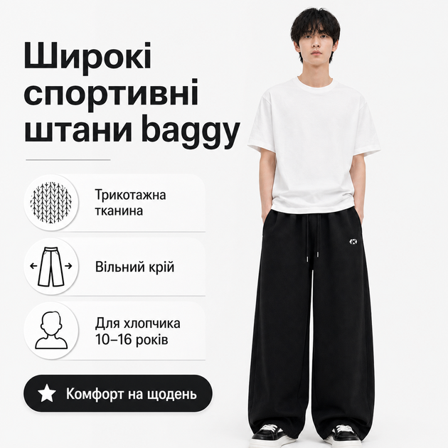 Спортивні штани baggy XIN.QD для хлопчика широкі 10-15 років, Чорний, 158 - Фото 4 Спортивні штани baggy XIN.QD для хлопчика широкі 10-15 років, Чорний, 158 - зображення 4