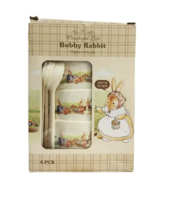 Детский набор посуды Bobby Rabbit для кормления 8 предметов 4 тарелки и 4 ложки пищевой пластик для первого прикорма малышей - изображение 2