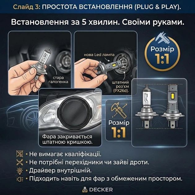 Автолампи світлодіодні H7 лед лампи 2x30W пара заміна галогену PX26d з драйвером Decker led PL-05 - зображення 7