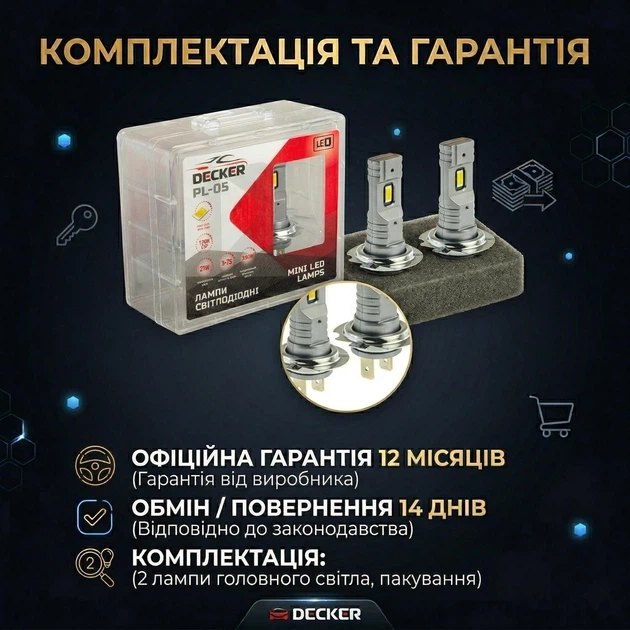 Автолампи світлодіодні H7 лед лампи 2x30W пара заміна галогену PX26d з драйвером Decker led PL-05 - зображення 8