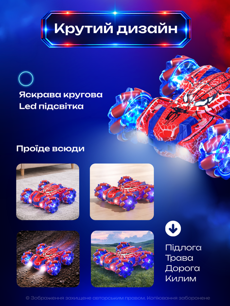 Машинка на радиоуправлении перевертыш радиоуправляемая игрушка трюковая вездеход двусторонняя полноприводная аккумуляторная на пульте управление жестами LED подсветка вращение 360° RC USB Type-C дрифт по бездорожью быстрая маневренная для детей мальчиков - изображение 5