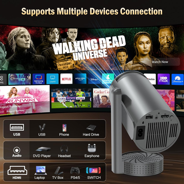 Смарт-проектор Xivolw 4K Android 13: портативный мини-кинотеатр, WiFi 6, Bluetooth 5.4, поворотная подставка 270°, 20000 Lm - Фото 6 Смарт-проектор Xivolw 4K Android 13: портативный мини-кинотеатр, WiFi 6, Bluetooth 5.4, поворотная подставка 270°, 20000 Lm - изображение 6