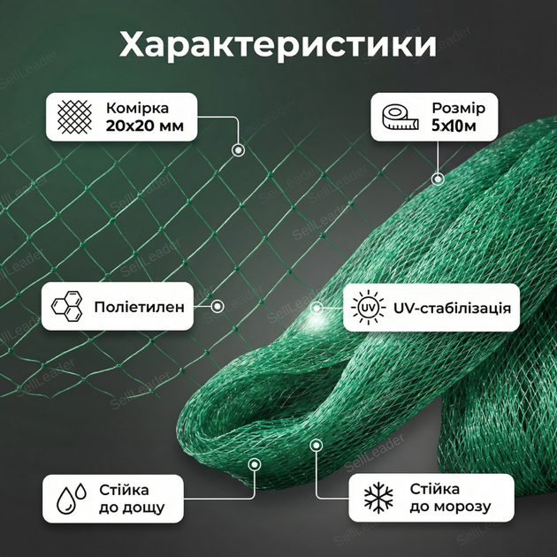 Сітка Shadow 5х10м захист урожаю від птахів комірка 20х20мм для саду дерев кущів антипташина UV стійка - Фото 3 Сітка Shadow 5х10м захист урожаю від птахів комірка 20х20мм для саду дерев кущів антипташина UV стійка - зображення 3