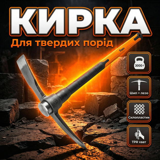 Кирка Fiberglass 3кг будівельна кована кайло склопластикова ручка для бетону ґрунту інструмент - Фото 1 Кирка Fiberglass 3кг будівельна кована кайло склопластикова ручка для бетону ґрунту інструмент - зображення 1