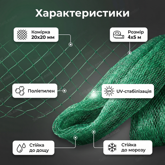 Сетка Shadow 4х5м защита урожая от птиц для сада огорода ячейка 20х20мм антиптичная полиэтилен UV устойчивая - изображение 3