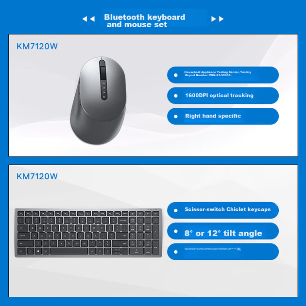 Бездротовий комплект Bluetooth-клавіатури та миші DELL KM7120W для офісу, дому та бізнесу, чорний - изображение 3