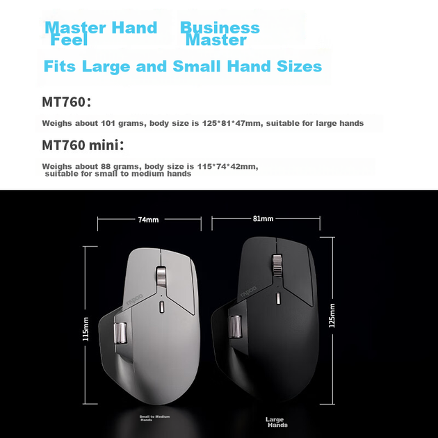 Большая беспроводная/Bluetooth/проводная офисная мышь Rapoo MT760 с многорежимным подключением, эргономичным дизайном, передачей данных между экранами, литиевой батареей, обеспечивающей до 150 часов работы, 11 программируемыми кнопками, серо-белого цвета. - изображение 7