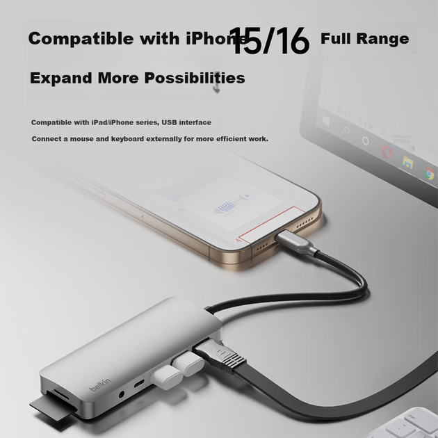 Док-станция расширения BELKIN Type-C, эффективный 7-дюймовый адаптер для iPad, конвертер для компьютеров Apple, поддержка питания PD 100 Вт, зеркальное отображение экрана HDMI, устройство чтения карт USB/SD AVC009-V2 - Фото 4 Док-станция расширения BELKIN Type-C, эффективный 7-дюймовый адаптер для iPad, конвертер для компьютеров Apple, поддержка питания PD 100 Вт, зеркальное отображение экрана HDMI, устройство чтения карт USB/SD AVC009-V2 - изображение 4