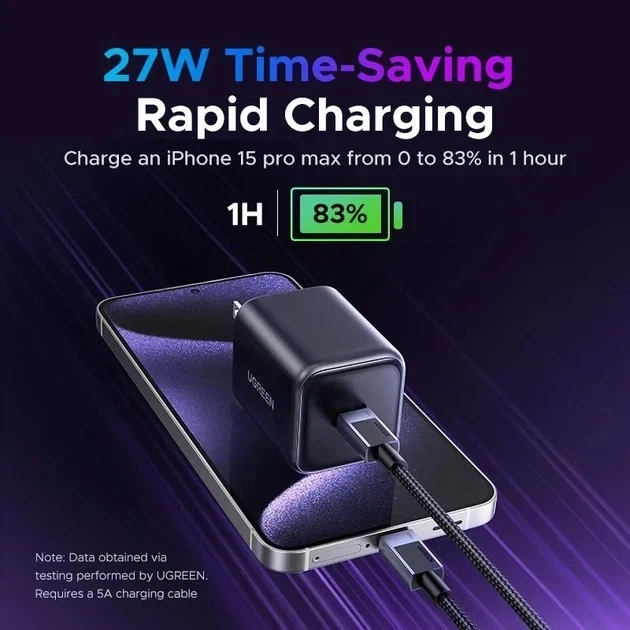 Зарядний пристрій Ugreen 45W GaN Charger X524 PD 3.0 PPS QC 3.0 швидка зарядка USB-C чорний - Фото 7 Зарядний пристрій Ugreen 45W GaN Charger X524 PD 3.0 PPS QC 3.0 швидка зарядка USB-C чорний - зображення 7