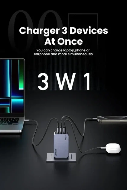 Зарядное устройство UGREEN Nexode Pro 100W, x757, GaN, 3 Port USB 2C1A, PD3.0, QC4.0, сетевое, быстрая зарядка PD/PPS - изображение 4