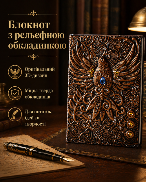 Рельєфний блокнот з тисненням A5 у ретро стилі вінтажний поверхня з імітацією шкіри жар птиця 21,5*14,5 см бронзовий колір (101160) - Фото 1 Рельєфний блокнот з тисненням A5 у ретро стилі вінтажний поверхня з імітацією шкіри жар птиця 21,5*14,5 см бронзовий колір (101160) - зображення 1