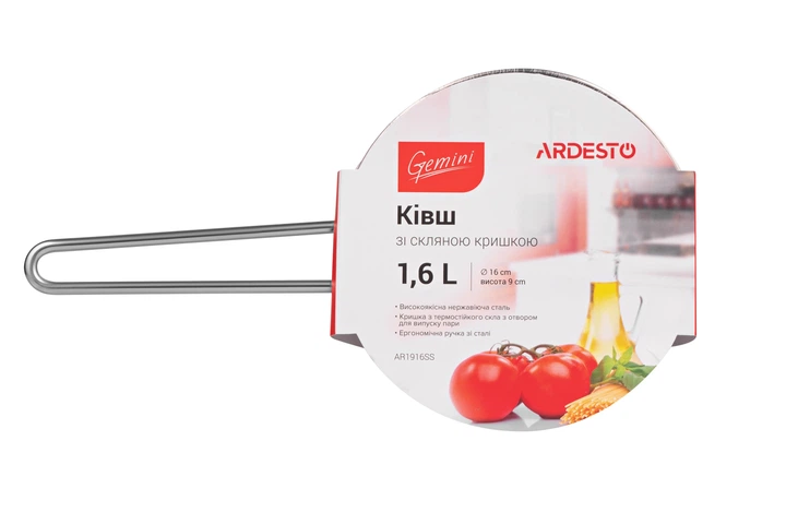 Ківш зі скляною кришкою Ardesto AR1916SS 1.6 л Нержавіюча сталь (00108942) - Фото 2 Ківш зі скляною кришкою Ardesto AR1916SS 1.6 л Нержавіюча сталь (00108942) - изображение 2
