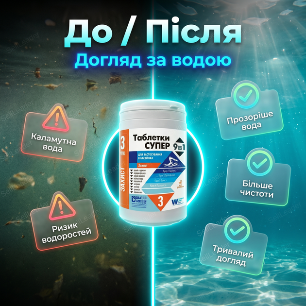 Таблетки хлора для бассейна Супер 3в1 0,9 кг по 20 г медленный хлор дезинфекция воды для каркасного бассейна - Фото 5 Таблетки хлора для бассейна Супер 3в1 0,9 кг по 20 г медленный хлор дезинфекция воды для каркасного бассейна - изображение 5