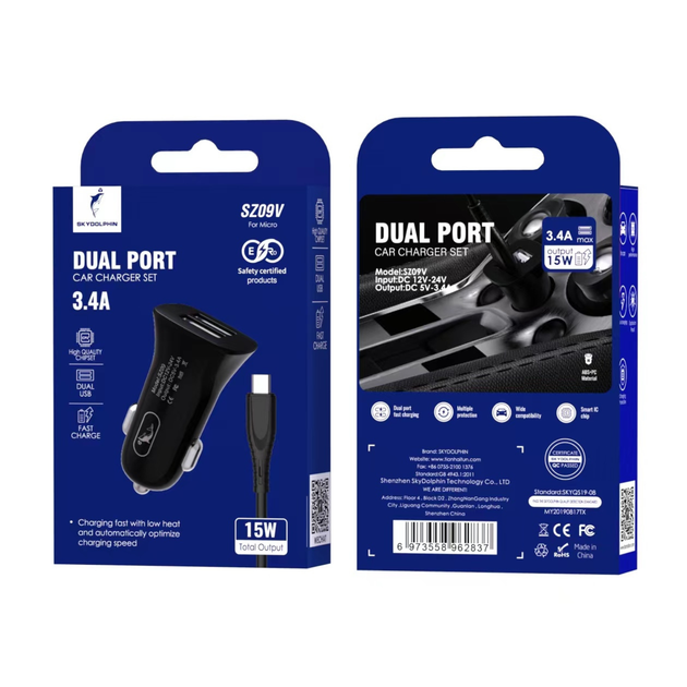Автомобільний зарядний пристрій SkyDolphin SZ09V 15Вт 2USB QC 3.0 + кабель microUSB Black (AZP-000111) - Фото 5 Автомобільний зарядний пристрій SkyDolphin SZ09V 15Вт 2USB QC 3.0 + кабель microUSB Black (AZP-000111) - зображення 5
