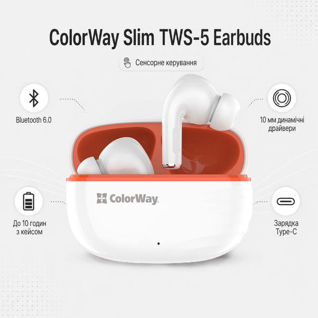 Бездротові навушники ColorWay Slim TWS-5 Earbuds Bluetooth 6.0 10 мм White (CW-TWS5WT) - зображення 2