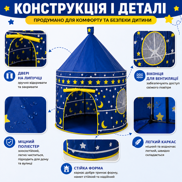Детская игровая палатка замок для детей 135×105 см компактный большой тканевый шаттер для дома улицы для игр с сумкой-чехлом cиний для мальчика и девочки - Фото 5 Детская игровая палатка замок для детей 135×105 см компактный большой тканевый шаттер для дома улицы для игр с сумкой-чехлом cиний для мальчика и девочки - изображение 5