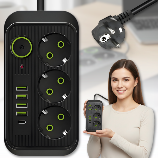Сетевой удлинитель с выключателем 4хUSB Type-C 3х220V на 3 метра Черный - изображение 2