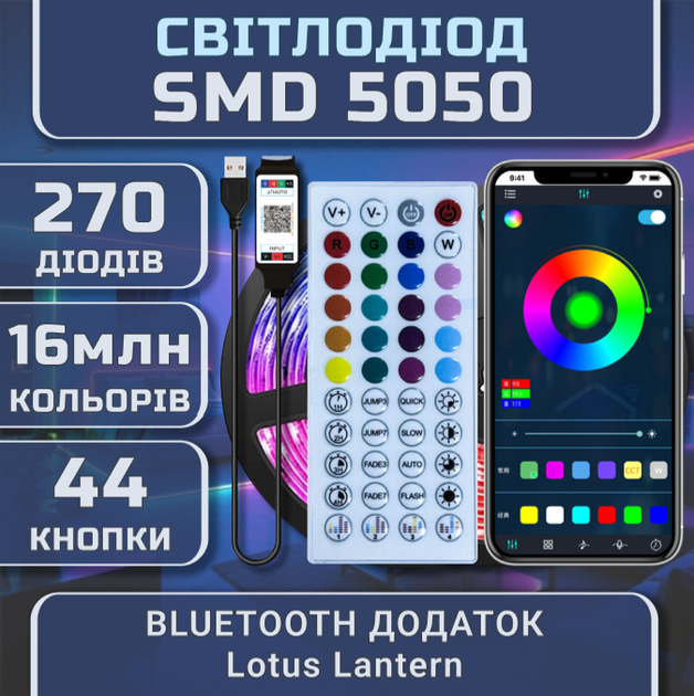 Светодиодная RGB лента комплект 15м с пультом на 44 кнопки и Bluetooth, 18 светодиодов на метр, USB 5V - изображение 8