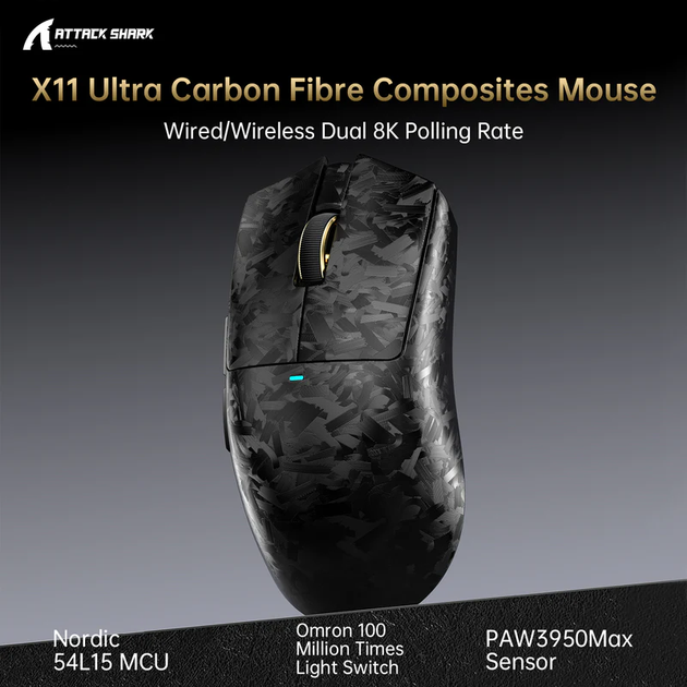 Игровая беспроводная мышка Attack Shark X11 ULTRA / Три режима подключения / Carbon Fiber / Сенсор PAW3950MAX / 42000 DPI / Black - Фото 3 Игровая беспроводная мышка Attack Shark X11 ULTRA / Три режима подключения / Carbon Fiber / Сенсор PAW3950MAX / 42000 DPI / Black - изображение 3