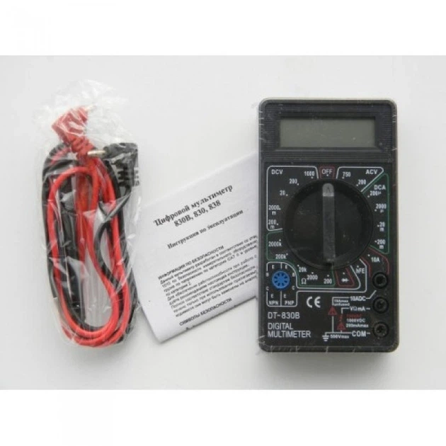 Цифровой мультиметр DT-830B тестер + щупы черный - Фото 2 Цифровой мультиметр DT-830B тестер + щупы черный - изображение 2