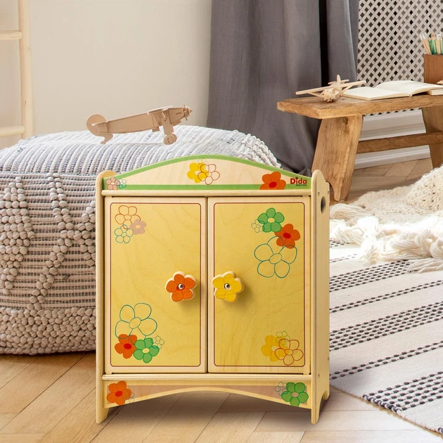 Деревянный шкаф для кукол Dida Wooden Doll Wardrobe Flower - игрушечная мебель для детской комнаты, цветочный дизайн - Фото 2 Деревянный шкаф для кукол Dida Wooden Doll Wardrobe Flower - игрушечная мебель для детской комнаты, цветочный дизайн - изображение 2
