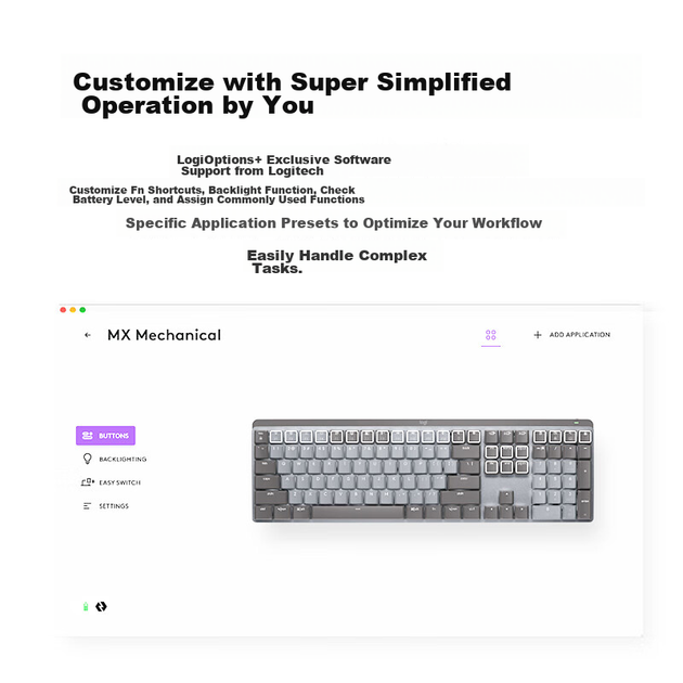 Logitech MX MECHANICAL Високопродуктивна бездротова механічна клавіатура з двома режимами роботи, низьким рівнем шуму, розумна клавіатура, 84 клавіші з синіми перемикачами - зображення 4