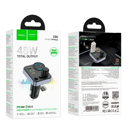 АЗП/ФМ Модулятор HOCO E86 Alegria 48W dual port PD30W+QC3.0 Black - изображение 2