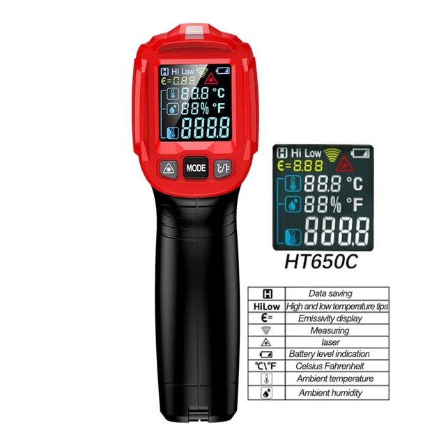 Пирометр HABOTEST HT650C цифровой инфракрасный термометр -50–800°C EMS=0.1-1.00 DS=12:1 многолучевой лазер - изображение 2