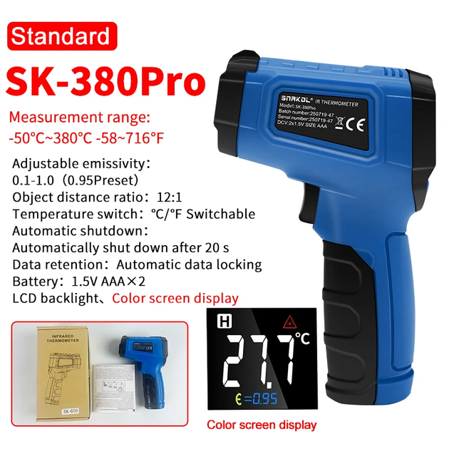 Пирометр SNAKOL SK-380Pro цифровой инфракрасный термометр -50–380°C EMS=0.1-1.00 DS=12:1 многолучевой лазер - Фото 3 Пирометр SNAKOL SK-380Pro цифровой инфракрасный термометр -50–380°C EMS=0.1-1.00 DS=12:1 многолучевой лазер - изображение 3