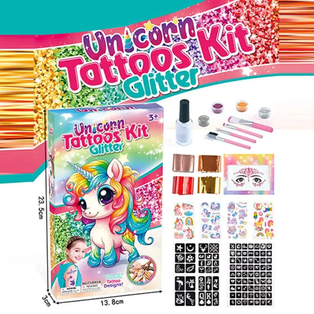 Тату наклейки Unicorn детская косметика Единорог в коробке 23 см глитер, кисточки, трафареты и аксессуары FT2083-A - Фото 2 Тату наклейки Unicorn детская косметика Единорог в коробке 23 см глитер, кисточки, трафареты и аксессуары FT2083-A - изображение 2