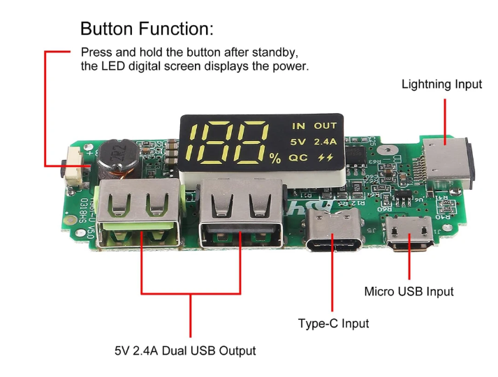 Плата повербанка 18650 1S с LCD индикатором заряда 2 USB выхода 5 V 2.4 A с защитой - Фото 2 Плата повербанка 18650 1S с LCD индикатором заряда 2 USB выхода 5 V 2.4 A с защитой - изображение 2