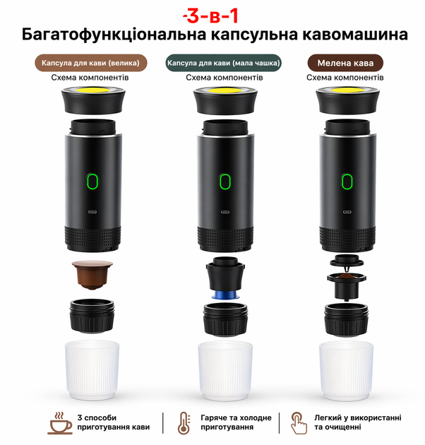 Портативная кофеварка 3-в-1 KF-JN-02 | Капсулы + молотый кофе | Аккумуляторная эспрессо машина USB Type-C - изображение 4