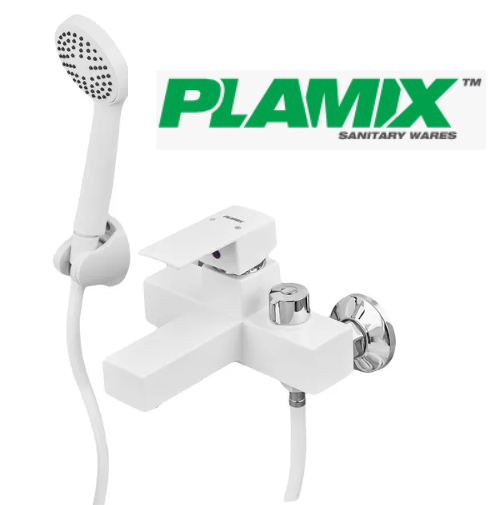 Пластиковый смеситель для ванны Plamix с душем белого цвета из термопластического пластика короткий белый для ванной комнаты (0673) - Фото 2 Пластиковый смеситель для ванны Plamix с душем белого цвета из термопластического пластика короткий белый для ванной комнаты (0673) - изображение 2