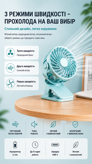 Мини вентилятор ручной беспроводной (аккумуляторный) на прищепке, подвесной, настольный, черный - изображение 7