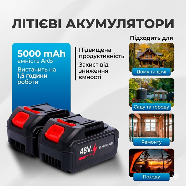 Акумуляторна ланцюгова пила 48V шина 30 см 12" з оливним баком і двома акумуляторами 5.0 Ah - зображення 4
