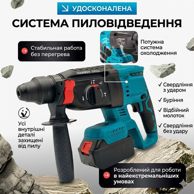 Акумуляторний безщітковий перфоратор SDS Plus KRAFFTEC 48 V 2.5 Дж з двома акумуляторами в кейсі - зображення 4