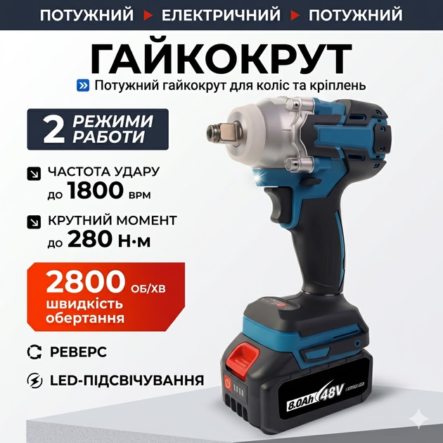 Набір акумуляторного інструменту болгарка 125 мм і гайковерт 280 Nm 48V 6.0 Ah з двома акумуляторами в кейсі синій - зображення 2