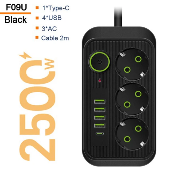 Мережевий фільтр (подовжувач) Power - Socket F09U 3 розетки 4 USB, Type-C 2 дюйми, чорний (3065) - Фото 1 Мережевий фільтр (подовжувач) Power - Socket F09U 3 розетки 4 USB, Type-C 2 дюйми, чорний (3065) - зображення 1