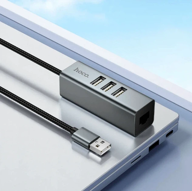 USB-хаб Hoco HB1D 4 в 1 сірий три USB 2.0 RJ45 для ноутбука та комп'ютера алюмінієвий сплав довжина кабелю 1 м - Фото 7 USB-хаб Hoco HB1D 4 в 1 сірий три USB 2.0 RJ45 для ноутбука та комп'ютера алюмінієвий сплав довжина кабелю 1 м - зображення 7