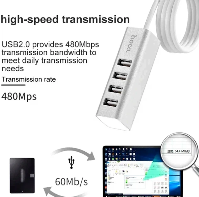 USB-хаб Hoco HB1C 4 в 1 Type-C на 4 порти USB 3.0 сірий алюмінієвий сплав швидкість до 5 Гбіт/с - Фото 6 USB-хаб Hoco HB1C 4 в 1 Type-C на 4 порти USB 3.0 сірий алюмінієвий сплав швидкість до 5 Гбіт/с - зображення 6