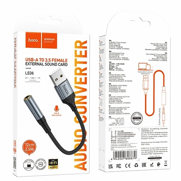 Перехідник Hoco LS36 USB to AUX 3.5mm female 12см чорний з підтримкою мікрофона та управління - зображення 2