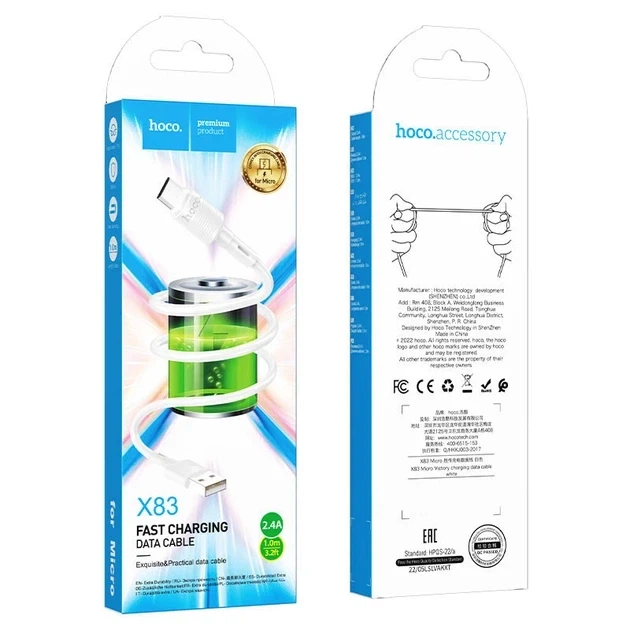 Кабель USB Micro 1м 2.4А Hoco X83 белый для зарядки и передачи данных из PVC с четырьмя жилами - изображение 6