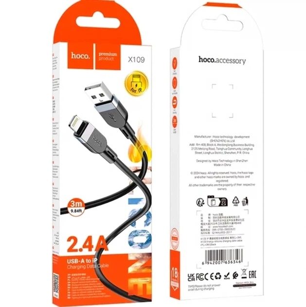 Кабель Hoco X109 3 м USB Lightning 2.4 А силіконовий чорний для заряджання та передачі даних L-подібний - Фото 2 Кабель Hoco X109 3 м USB Lightning 2.4 А силіконовий чорний для заряджання та передачі даних L-подібний - зображення 2