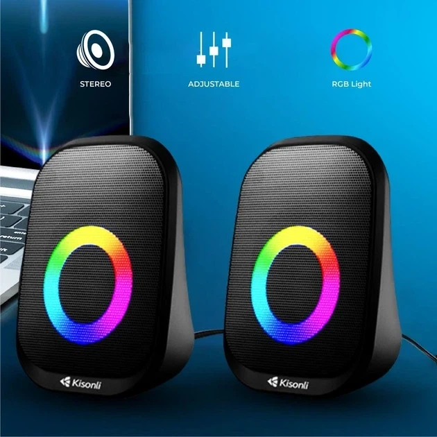 Компьютерные колонки 6 Вт 110мм USB AUX черный пластик Kisonli X7 RGB подсветка - Фото 5 Компьютерные колонки 6 Вт 110мм USB AUX черный пластик Kisonli X7 RGB подсветка - зображення 5